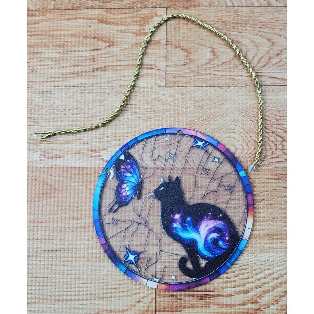 Galaxy Cat and Butterfly Suncatcher Window Hanging 4" NEW